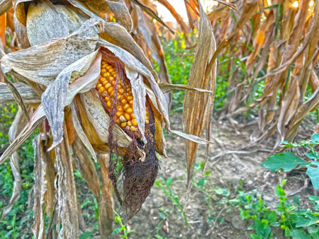 Close-up yellow ripe corn on stalks for harvest in agricultural cultivated fieldの写真素材