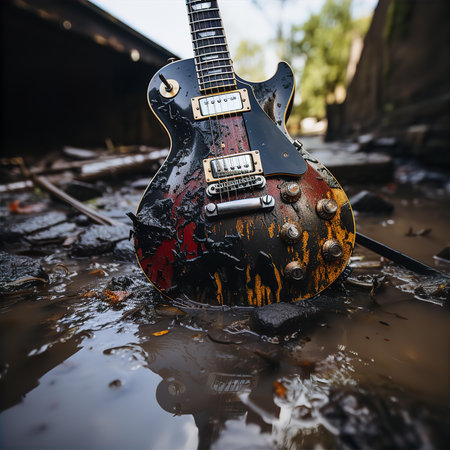 Abandoned electric guitar in a puddle in the countryside.の素材