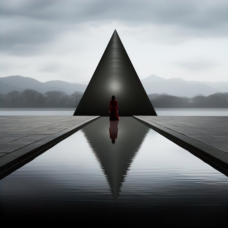 Silhouette of a woman standing in front of a pyramid reflected in the waterの素材