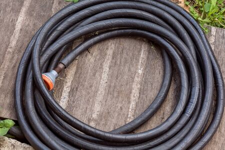 hose for watering the garden, garden lies rolled up on the groundの写真素材