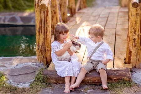 A little girl and a boy sit on a bridge over a river. A girl holds a pet rabbit in her hands. The boy smiles shyly. Nature walk.の写真素材