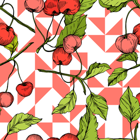 Vector Cherry fruits on white background. Green leaf. Leaf plant botanical garden floral foliage. Red and green engraved ink art. Seamless background pattern. Fabric wallpaper print texture.のイラスト素材