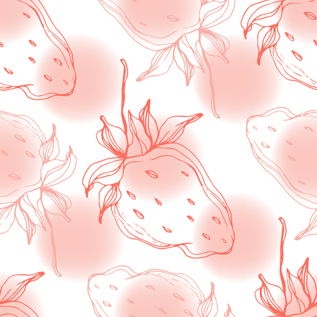 Vector Strawberry fruits. Leaf plant botanical garden floral foliage. Red engraved ink art. Seamless background pattern. Fabric wallpaper print texture.のイラスト素材