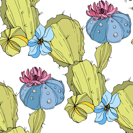 Vector Cacti floral botanical flower. Wild spring leaf wildflower isolated. Green and blue engraved ink art. Seamless background pattern. Fabric wallpaper print texture.のイラスト素材
