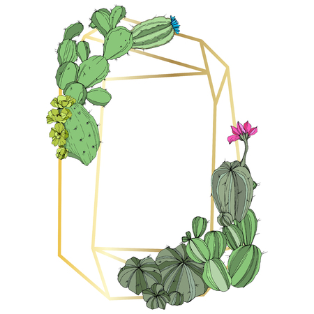 Vector Green cactus floral botanical flower. Wild spring leaf wildflower isolated. Engraved ink art. Frame border ornament square.のイラスト素材