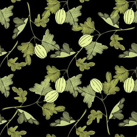 Vector Gooseberry black and white engraved ink art. Seamless background pattern. Fabric wallpaper print texture. Green leaf. Leaf plant botanical garden floral foliage.のイラスト素材