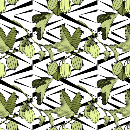Vector Gooseberry black and white engraved ink art. Seamless background pattern. Fabric wallpaper print texture. Green leaf. Leaf plant botanical garden floral foliage.のイラスト素材