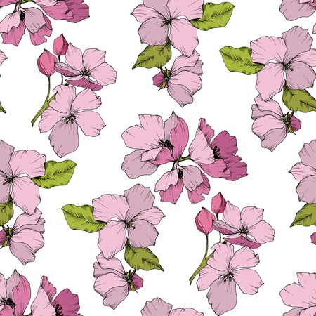 Vector Appe blossom floral botanical flowers illustration. Wild spring leaf isolated. Pink and green engraved ink art. Seamless background pattern. Fabric wallpaper print texture.のイラスト素材