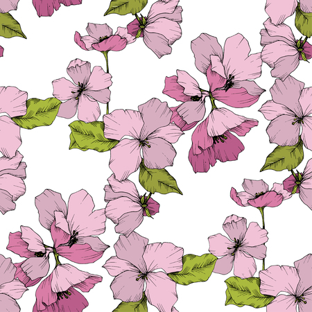Vector Appe blossom floral botanical flowers illustration. Wild spring leaf isolated. Pink and green engraved ink art. Seamless background pattern. Fabric wallpaper print texture.のイラスト素材
