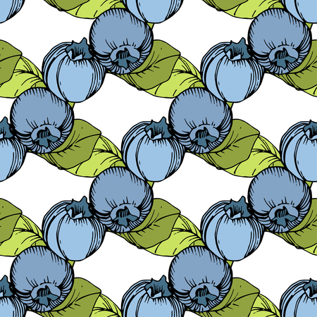 Vector Blueberry green and blue engraved ink art. Berries and green leaves. Leaf plant botanical garden floral foliage. Seamless background pattern. Fabric wallpaper print texture.のイラスト素材