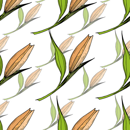 Vector Lily floral botanical flower. Wild spring leaf wildflower isolated. Engraved ink art. Seamless background pattern. Fabric wallpaper print texture.のイラスト素材