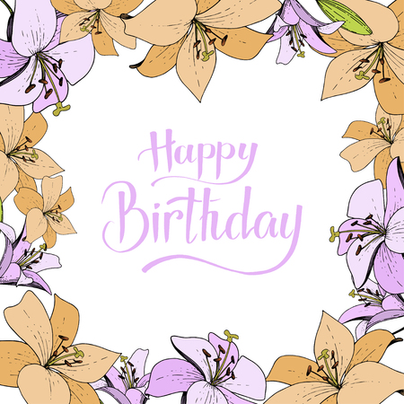 Vector Lily floral botanical flower. Wild spring leaf wildflower. Engraved ink art. Frame border ornament square.のイラスト素材