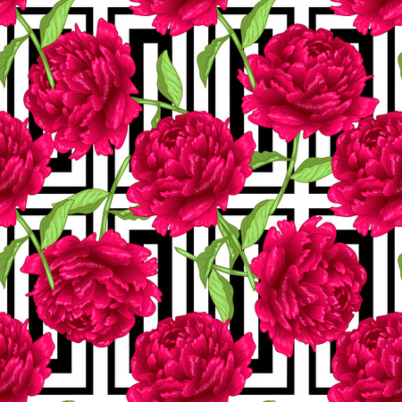 Vector red peony floral botanical flowers. Wild spring leaf wildflower isolated. Engraved ink art. Seamless background pattern. Fabric wallpaper print texture.のイラスト素材