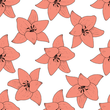 Vector Lily floral botanical flower. Wild spring leaf wildflower isolated. Engraved ink art. Seamless background pattern. Fabric wallpaper print texture.のイラスト素材