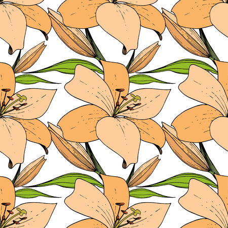 Vector Lily floral botanical flower. Wild spring leaf wildflower isolated. Engraved ink art. Seamless background pattern. Fabric wallpaper print texture.のイラスト素材