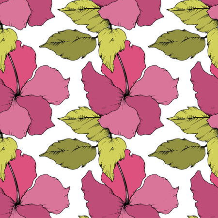 Vector Hibiscus floral botanical flower. Exotic tropical hawaiian summer. Engraved ink art on white background. Seamless background pattern. Fabric wallpaper print texture.のイラスト素材