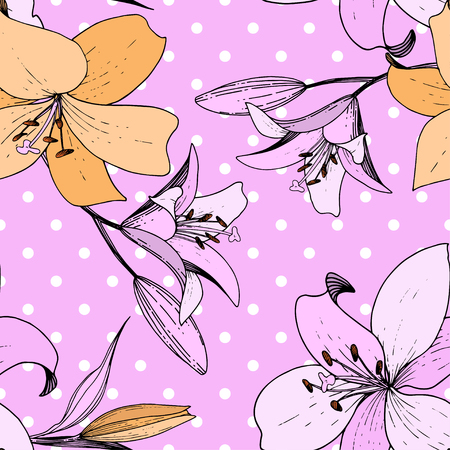 Vector Lily floral botanical flower. Wild spring leaf wildflower isolated. Engraved ink art. Seamless background pattern. Fabric wallpaper print texture.のイラスト素材