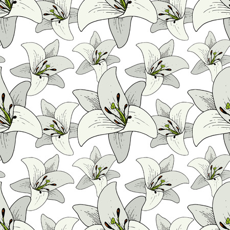 Vector Lily Floral botanical flower. Wild spring leaf wildflower isolated. Black and white engraved ink art. Seamless background pattern. Fabric wallpaper print texture.のイラスト素材