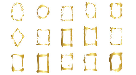 Set of dry brush frames. Hand drawn artistic frames. Grunge brush stroke frame for text, quote, advertising design. Golden engraved ink art. Isolated frame illustration element.のイラスト素材