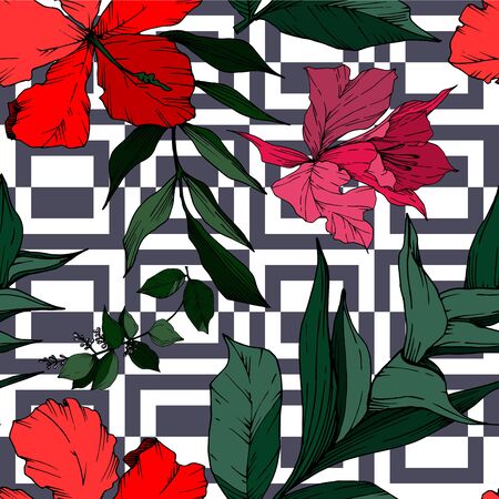 Vector Tropical flowers and leaves isolated. Exotic tropical hawaiian summer. Palm beach tree leaves. Black and white engraved ink art. Seamless background pattern. Fabric wallpaper print texture.のイラスト素材