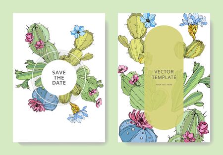 Vector Cacti flower. Engraved ink art. Wedding background. Thank you, rsvp, invitation card illustration graphic banner.のイラスト素材