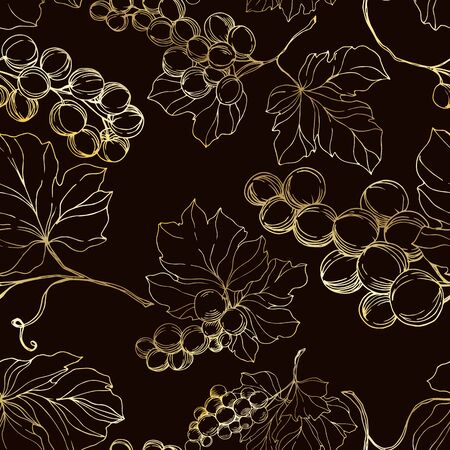 Vector Grape berry healthy food. Black and white engraved ink art. Seamless background pattern.のイラスト素材