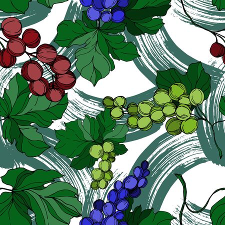 Vector Grape berry healthy food. Black and white engraved ink art. Seamless background pattern.のイラスト素材
