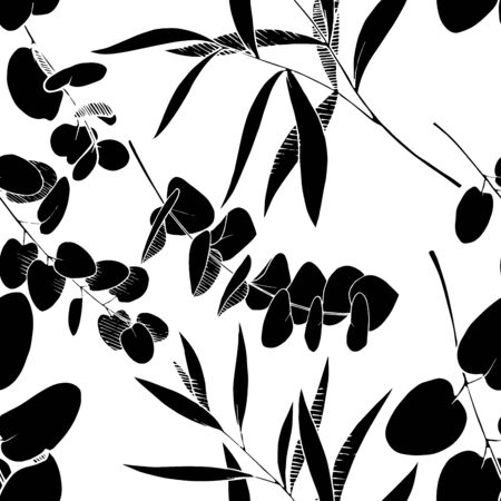 Vector Eucalyptus leaves branch. Black and white engraved ink art. Seamless background pattern.のイラスト素材