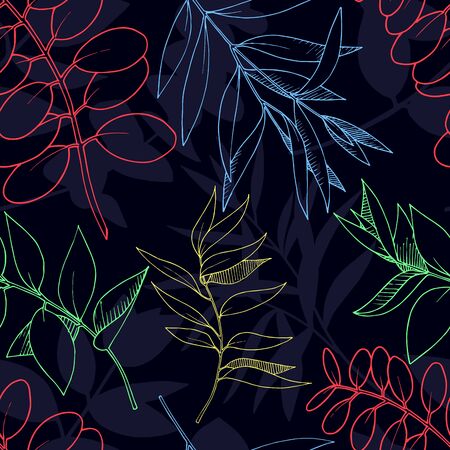 Vector Eucalyptus leaves branch. Black and white engraved ink art. Seamless background pattern.のイラスト素材