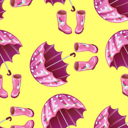 Pink rubber boots and umbrella in a vector style isolated.のイラスト素材