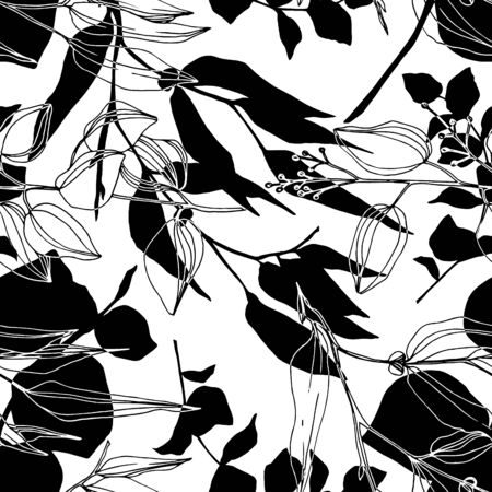 Vector Eucalyptus tree leaves jungle botanical. Black and white engraved ink art. Seamless background pattern.のイラスト素材