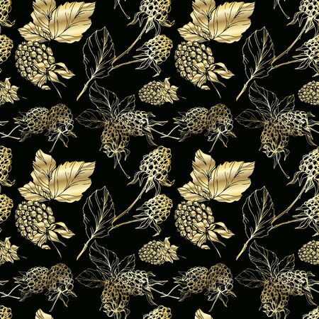 Blackberry healthy food. Black and white engraved ink art. Seamless background pattern. Fabric wallpaper print texture.のイラスト素材