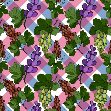 Grape berry healthy food. Black and white engraved ink art. Seamless background pattern.のイラスト素材