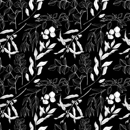Vector Eucalyptus tree leaves jungle botanical. Black and white engraved ink art. Seamless background pattern.のイラスト素材