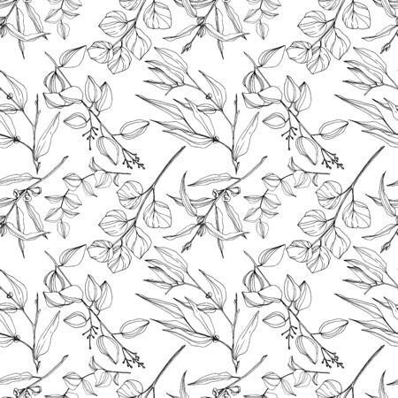 Vector Eucalyptus tree leaves jungle botanical. Black and white engraved ink art. Seamless background pattern.のイラスト素材