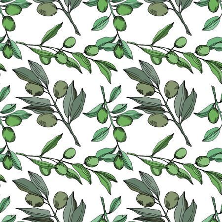 Vector Olive branch with fruit. Black and white engraved ink art. Seamless background pattern.のイラスト素材