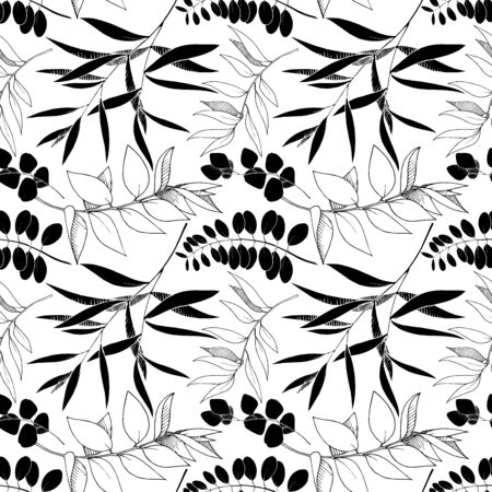 Vector Eucalyptus leaves branch. Black and white engraved ink art. Seamless background pattern.のイラスト素材