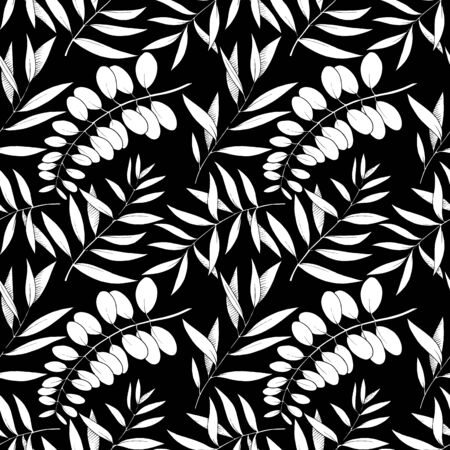 Vector Eucalyptus leaves branch. Black and white engraved ink art. Seamless background pattern.のイラスト素材