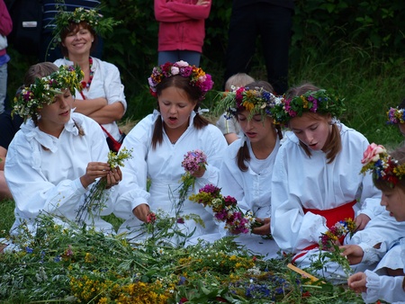 Women weaving wreaths as part of rites of the Night of St. John, Open Air Museum of the Lublin Region Village, Lublin, Poland, June 24th 2011のeditorial素材