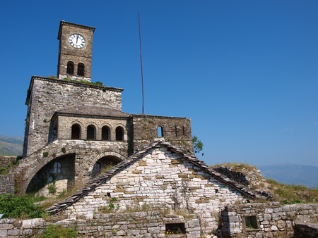 The clock tower in the castle in Gjirokastra, Albaniaの写真素材