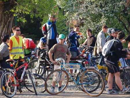 Participants of the Critical Mass gathering for the event, Lublin, Poland, April 30th 2010のeditorial素材