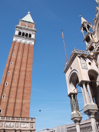 he belltower of St. Mark, and the basilica, Venice, Italyの写真素材
