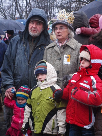 Lublin, Poland, January 6th 2012: the suite of the Three Kings. Families taking part in religious celebration.のeditorial素材
