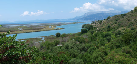 The panoramic view of Vivari Channel which links Lake Butrint in Albania with the Straits of Corfu,...