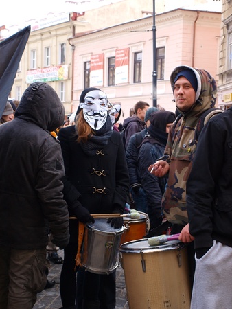 Young Poles protesting against Polish government signing the ACTA (Anti-Counterfeiting Trade Agreement), Lublin, Poland, 26th January 2012.のeditorial素材