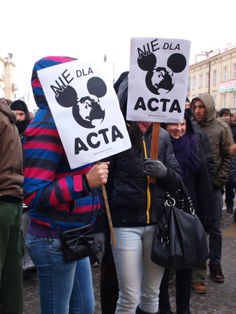 Young Poles protesting against Polish government signing the ACTA (Anti-Counterfeiting Trade Agreement), Lublin, Poland, 26th January 2012.のeditorial素材
