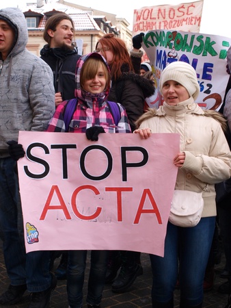 Young Poles protesting against Polish government signing the ACTA (Anti-Counterfeiting Trade Agreement), Lublin, Poland, 26th January 2012.のeditorial素材