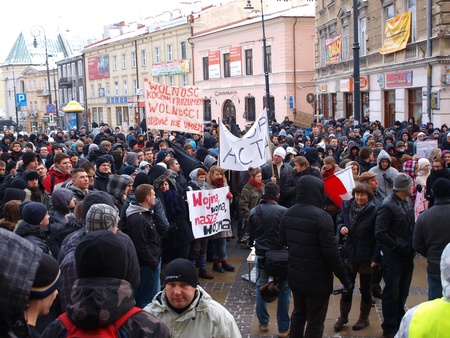 Young Poles protesting against Polish government signing the ACTA (Anti-Counterfeiting Trade Agreement), Lublin, Poland, 26th January 2012.のeditorial素材