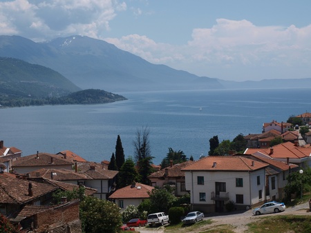 Panoramic view of the old town of Ohrid and Lake Ohrid, Macedoniaのeditorial素材
