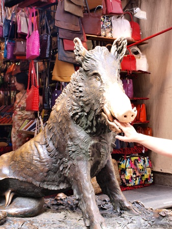 The statue of a piglet, Il Porcellino at The Mercato Nuovo, Florence, Italyのeditorial素材